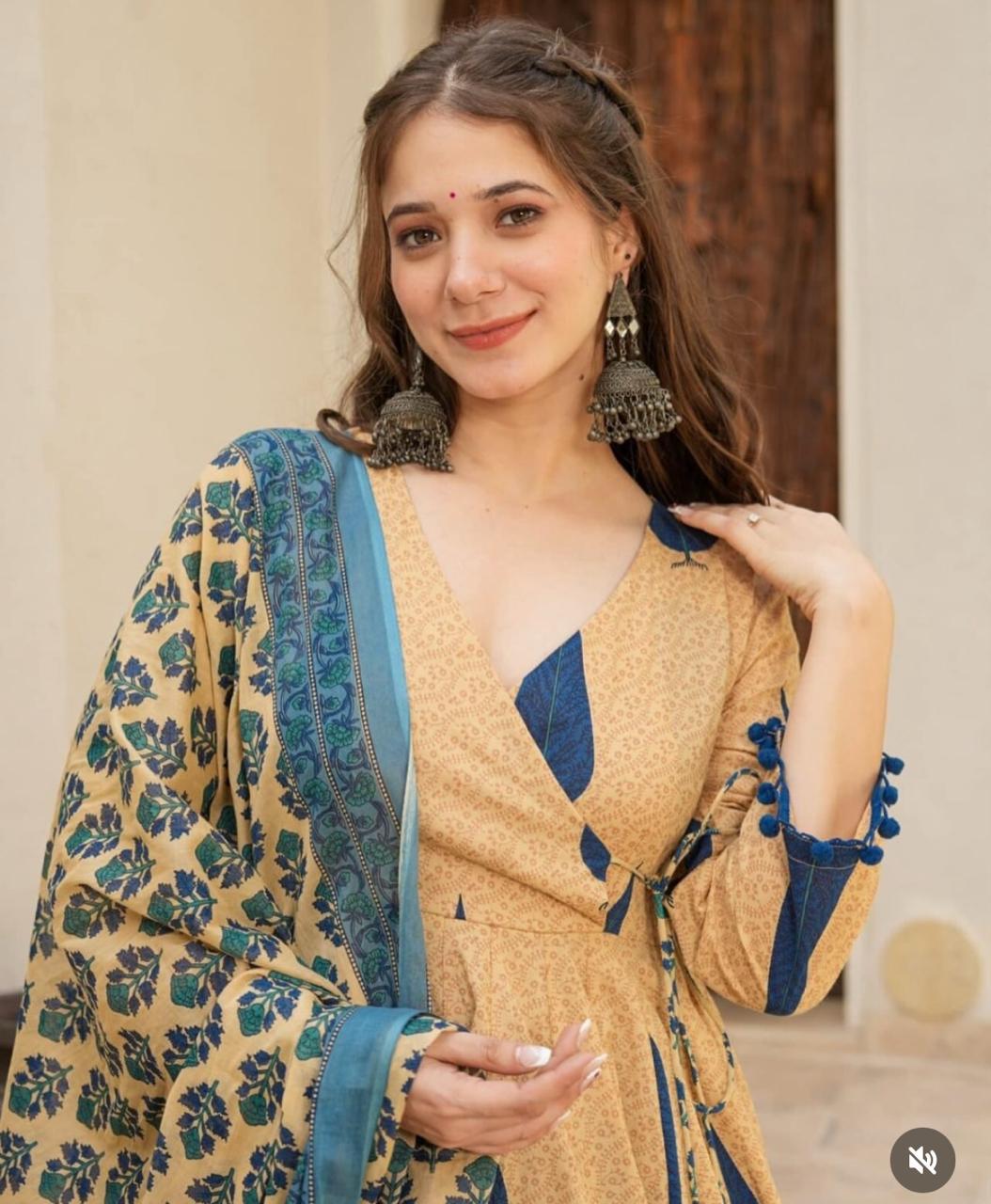 COTTON PRINTED ANARKALI KURTI WITH BOTTOM