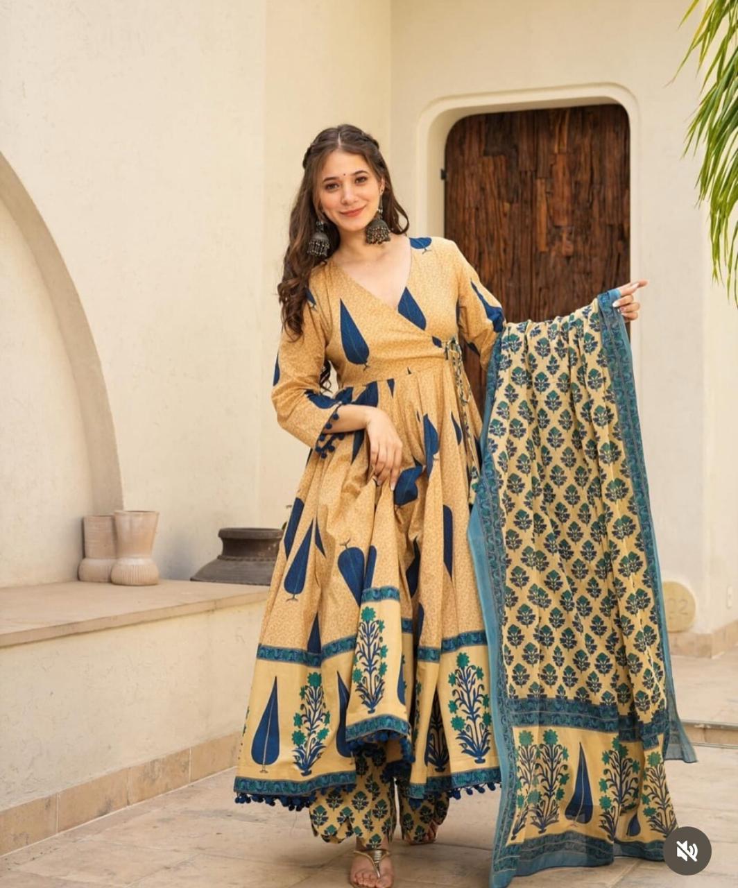 COTTON PRINTED ANARKALI KURTI WITH BOTTOM