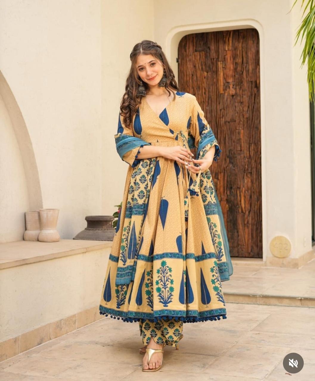 COTTON PRINTED ANARKALI KURTI WITH BOTTOM