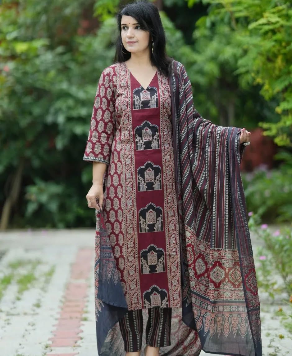 Cotton Fabric Kalamkari Ajrakh Kurti,Pant with Cotton