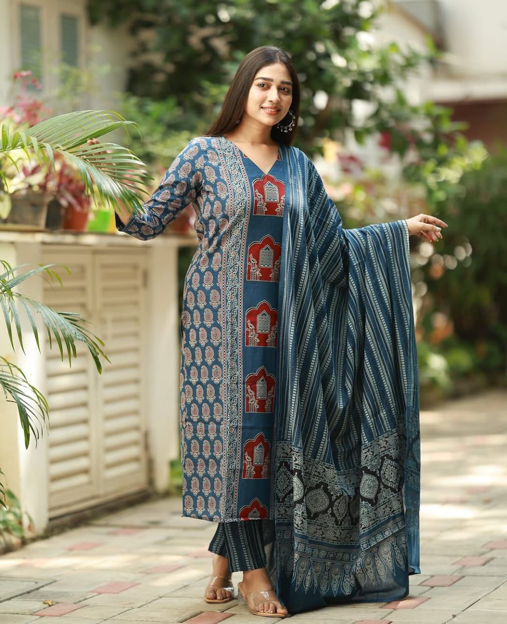Cotton Fabric Kalamkari Ajrakh Kurti,Pant with Cotton