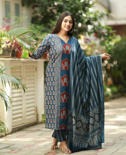 Cotton Fabric Kalamkari Ajrakh Kurti,Pant with Cotton