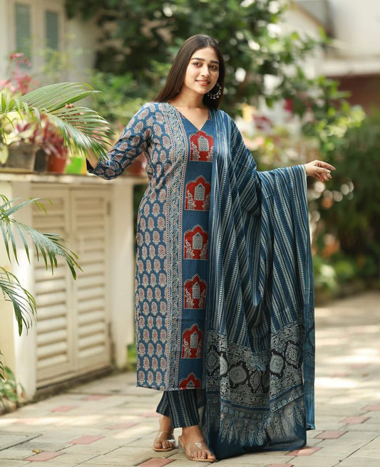 Cotton Fabric Kalamkari Ajrakh Kurti,Pant with Cotton