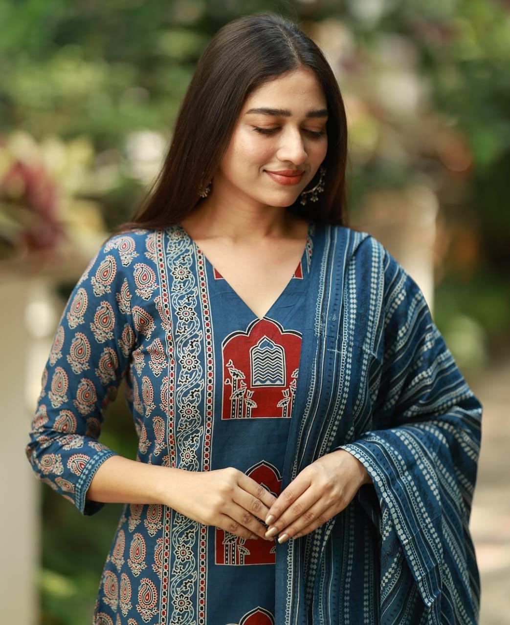 Cotton Fabric Kalamkari Ajrakh Kurti,Pant with Cotton