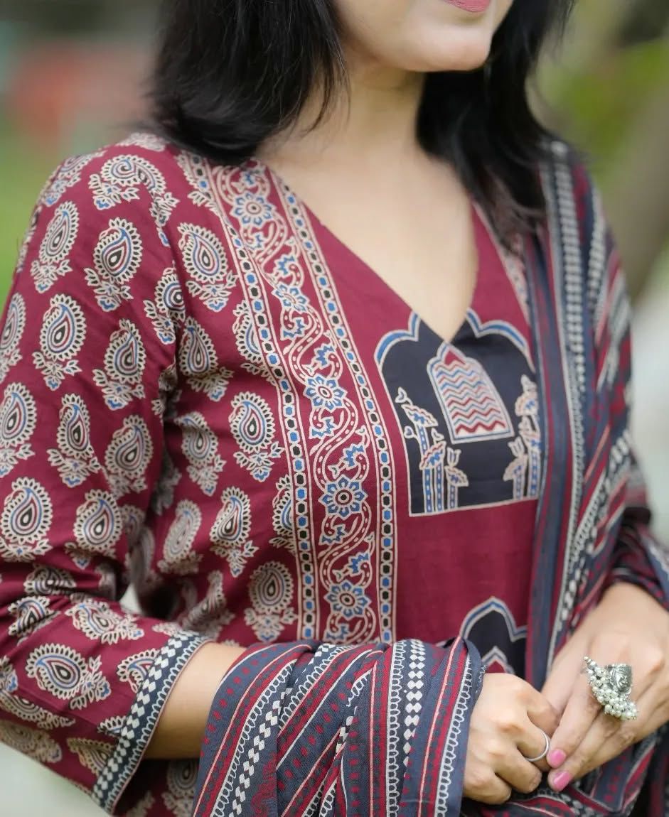 Cotton Fabric Kalamkari Ajrakh Kurti,Pant with Cotton