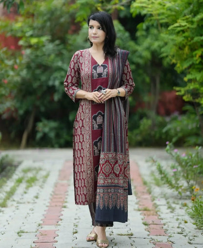 Cotton Fabric Kalamkari Ajrakh Kurti,Pant with Cotton
