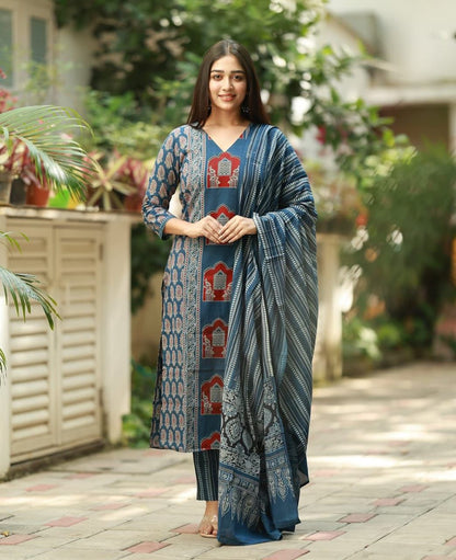 Cotton Fabric Kalamkari Ajrakh Kurti,Pant with Cotton