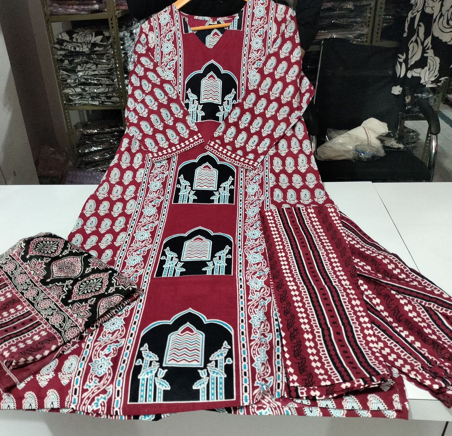 Cotton Fabric Kalamkari Ajrakh Kurti,Pant with Cotton
