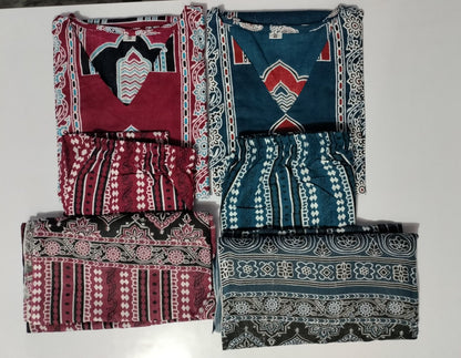 Cotton Fabric Kalamkari Ajrakh Kurti,Pant with Cotton