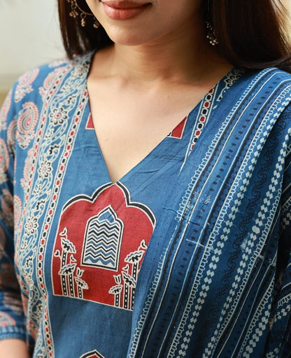 Cotton Fabric Kalamkari Ajrakh Kurti,Pant with Cotton