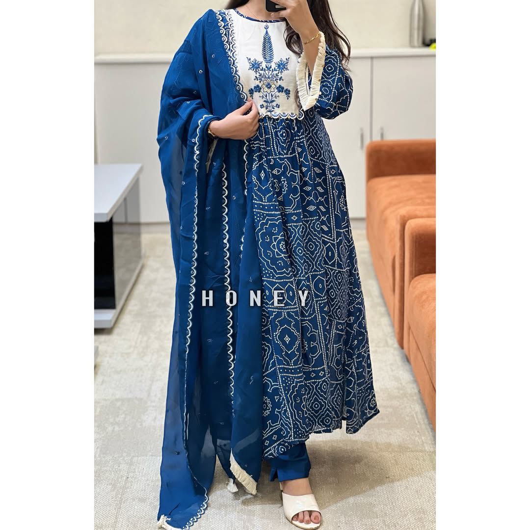 Printed long Kurti  With Pant And Printed Dupatta