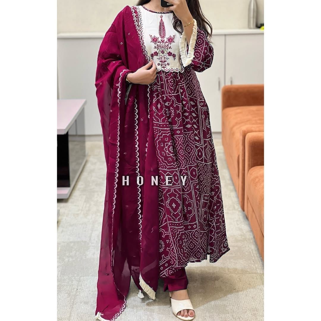 Printed long Kurti  With Pant And Printed Dupatta
