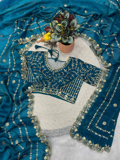 Designer Embroidery work of 3mm Sequins with jarl Thread with Cutwork Border Saree