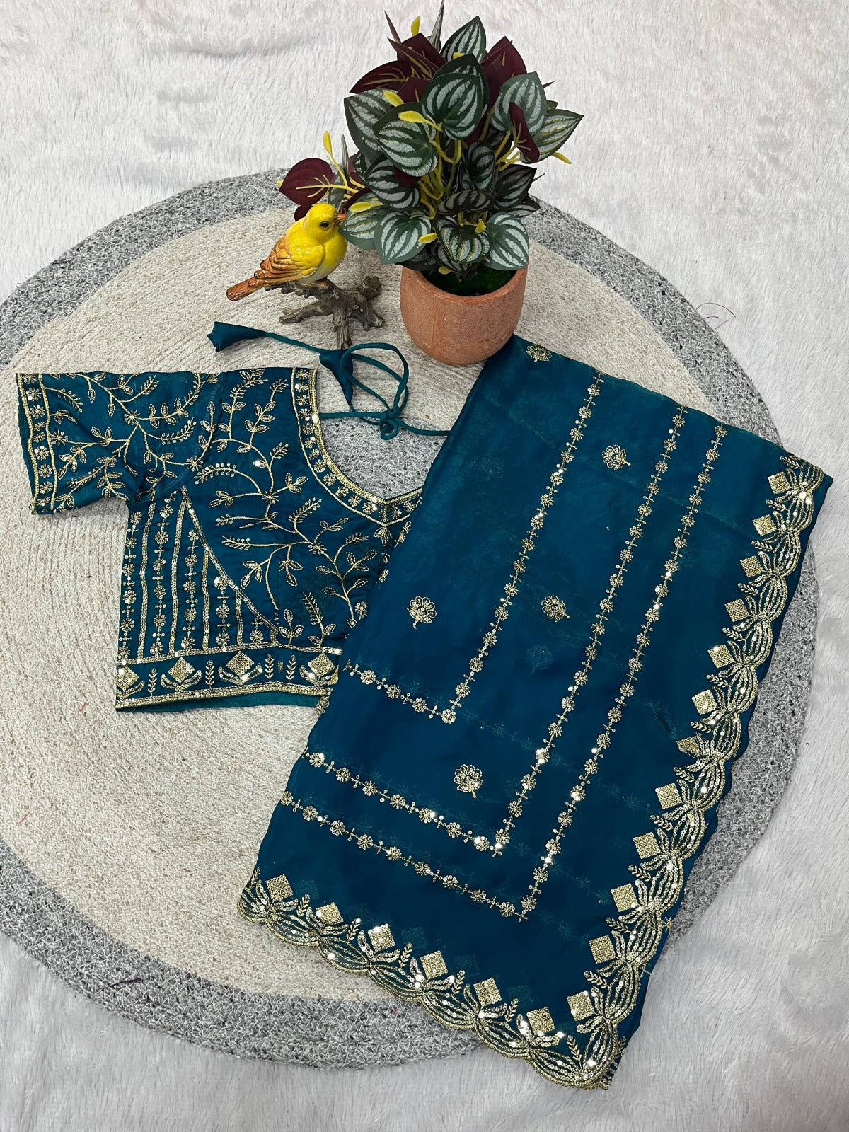 Designer Embroidery work of 3mm Sequins with jarl Thread with Cutwork Border Saree