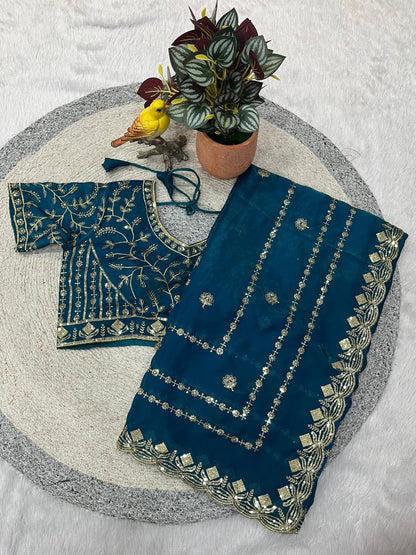 Designer Embroidery work of 3mm Sequins with jarl Thread with Cutwork Border Saree