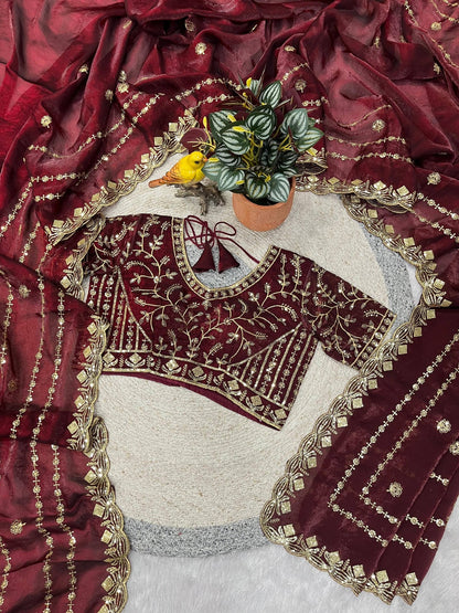 Designer Embroidery work of 3mm Sequins with jarl Thread with Cutwork Border Saree