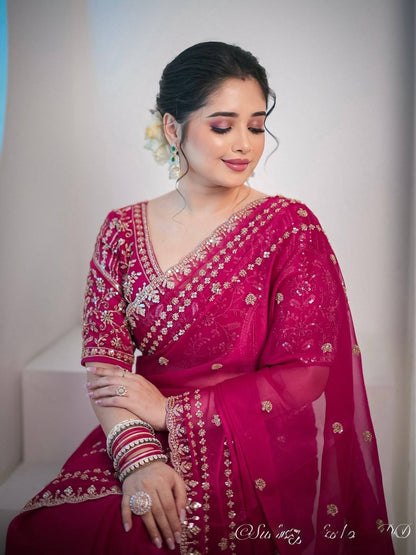 Designer Embroidery work of 3mm Sequins with jarl Thread with Cutwork Border Saree