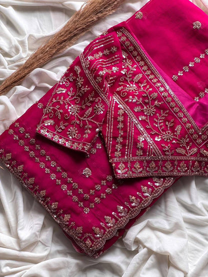 Designer Embroidery work of 3mm Sequins with jarl Thread with Cutwork Border Saree