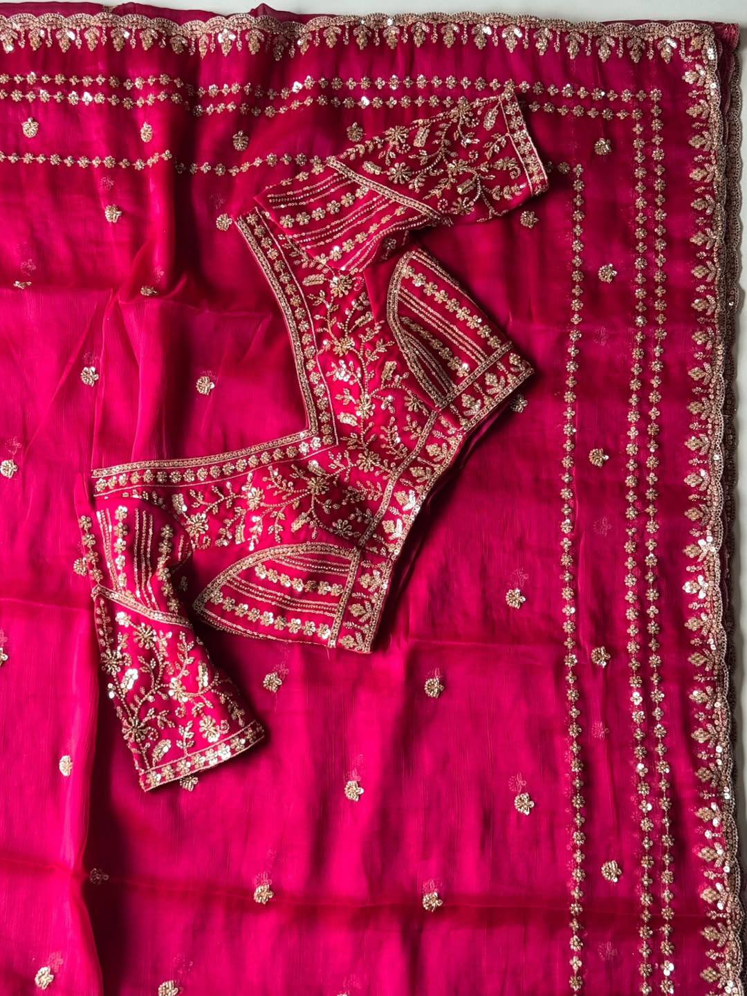 Designer Embroidery work of 3mm Sequins with jarl Thread with Cutwork Border Saree
