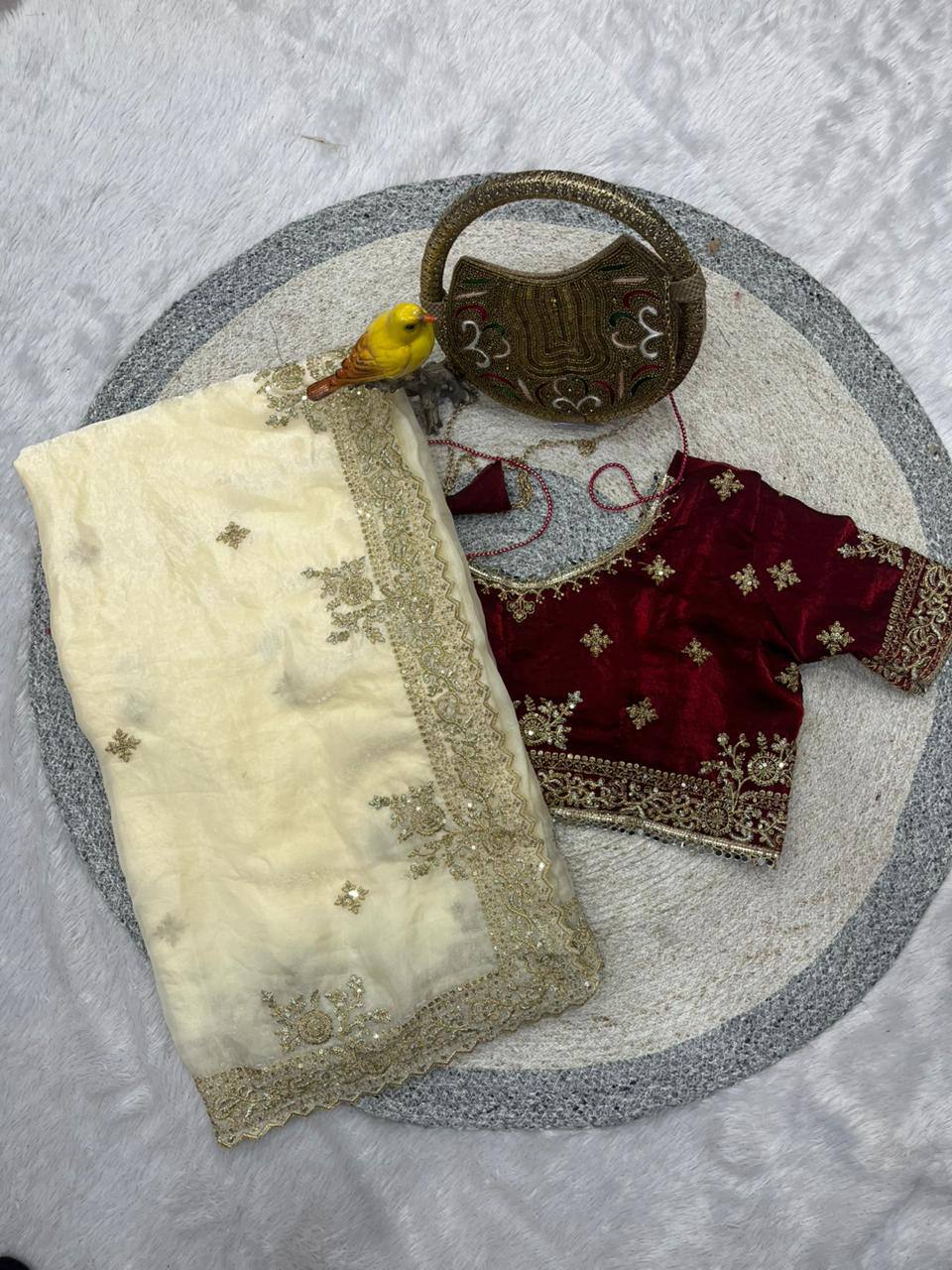 Sequins and jaro Thread Embroidery Work with Cutworl border Saree