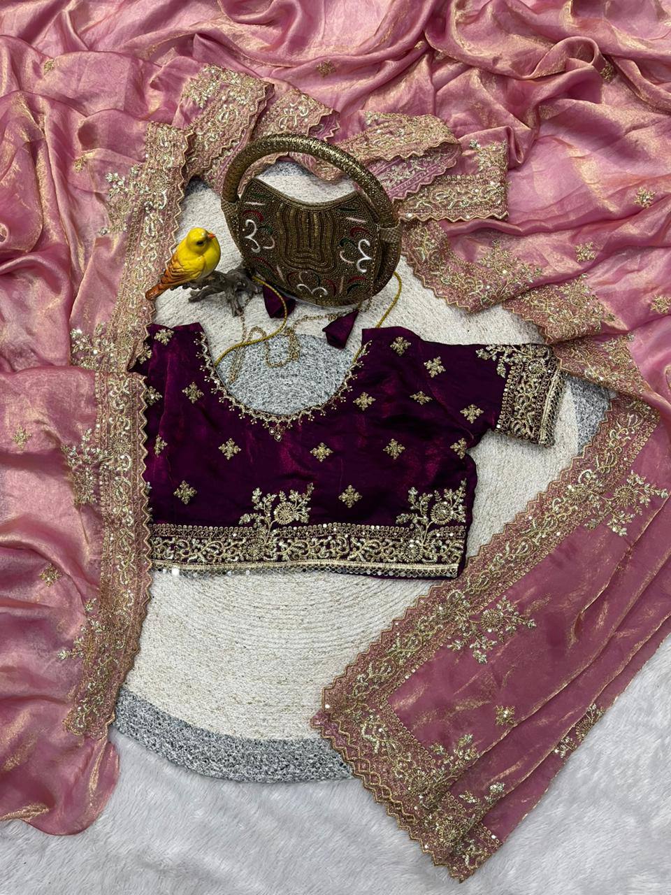 Sequins and jaro Thread Embroidery Work with Cutworl border Saree