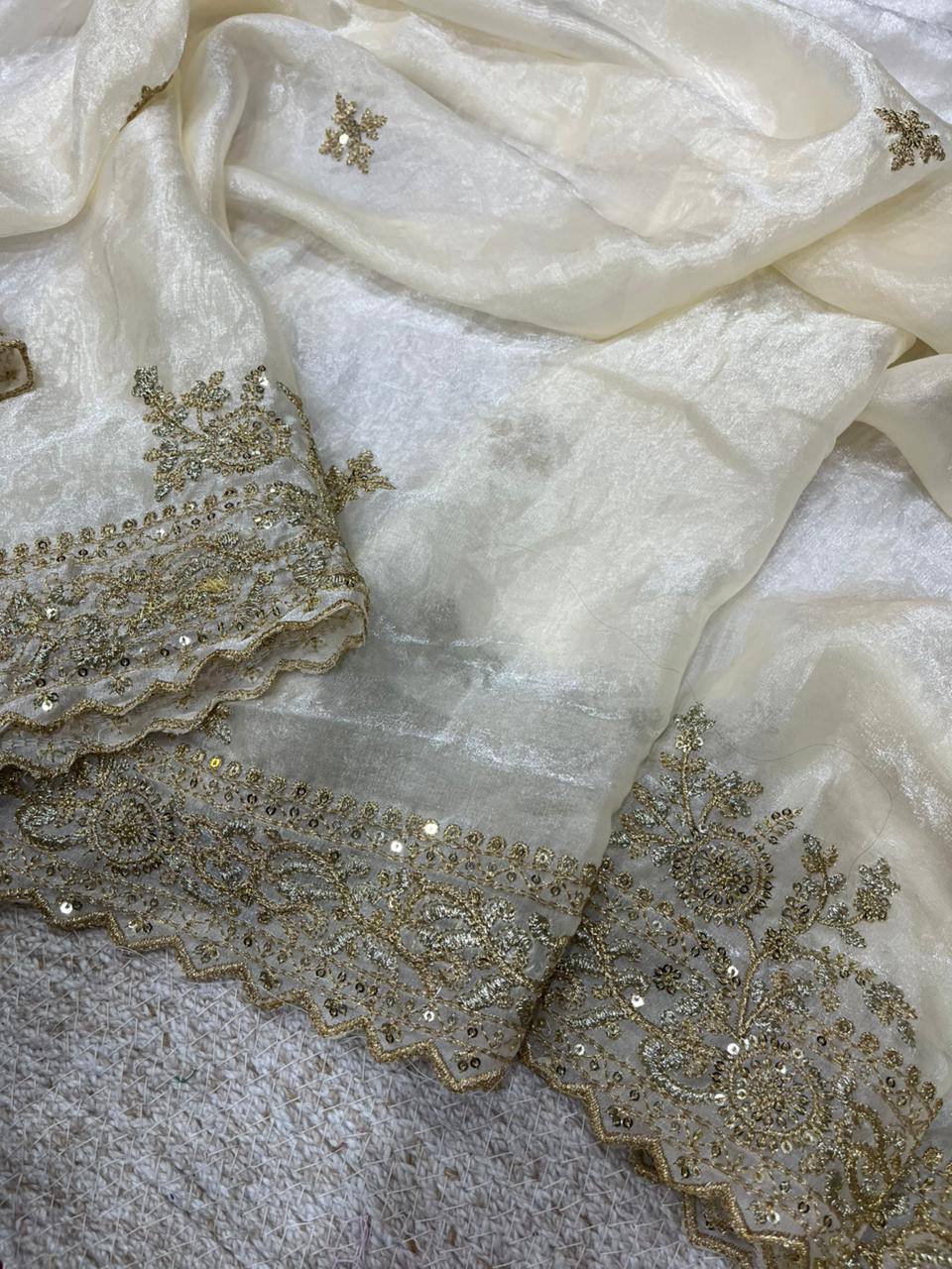 Sequins and jaro Thread Embroidery Work with Cutworl border Saree