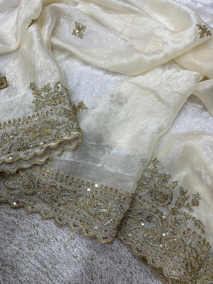 Sequins and jaro Thread Embroidery Work with Cutworl border Saree