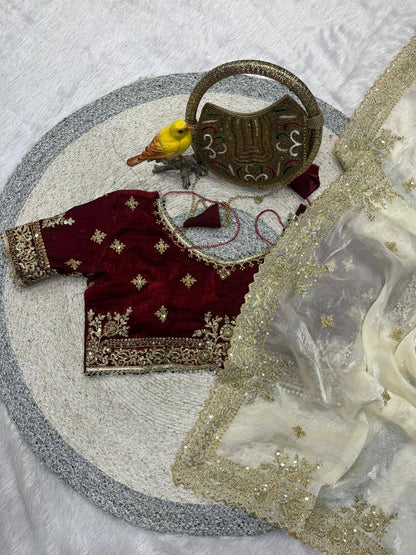 Sequins and jaro Thread Embroidery Work with Cutworl border Saree