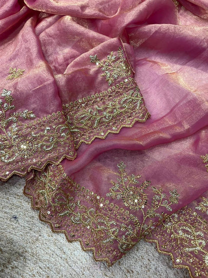 Sequins and jaro Thread Embroidery Work with Cutworl border Saree