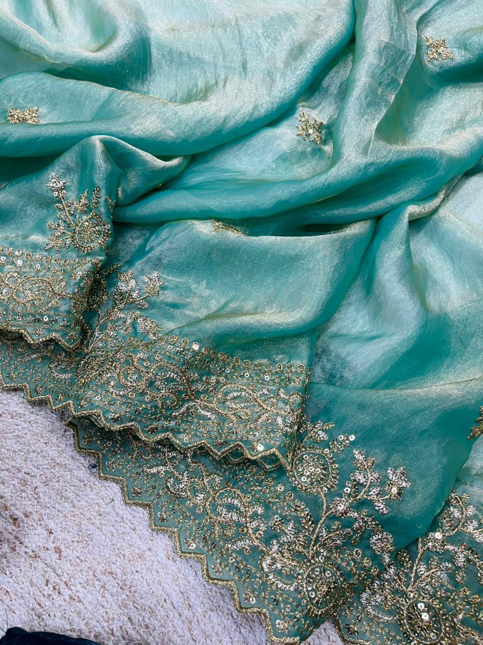 Sequins and jaro Thread Embroidery Work with Cutworl border Saree