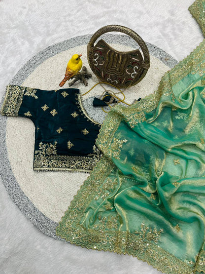 Sequins and jaro Thread Embroidery Work with Cutworl border Saree