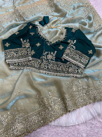 Sequins and jaro Thread Embroidery Work with Cutworl border Saree