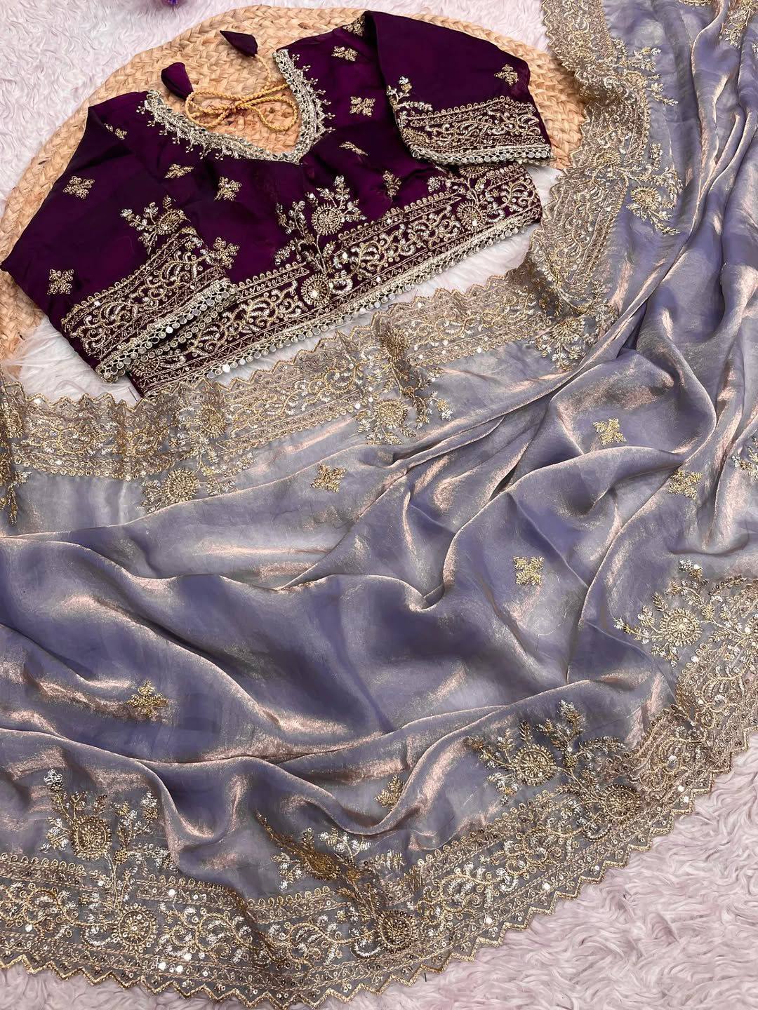 Sequins and jaro Thread Embroidery Work with Cutworl border Saree