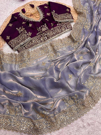 Sequins and jaro Thread Embroidery Work with Cutworl border Saree