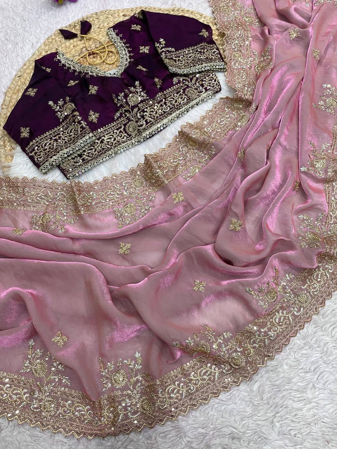 Sequins and jaro Thread Embroidery Work with Cutworl border Saree