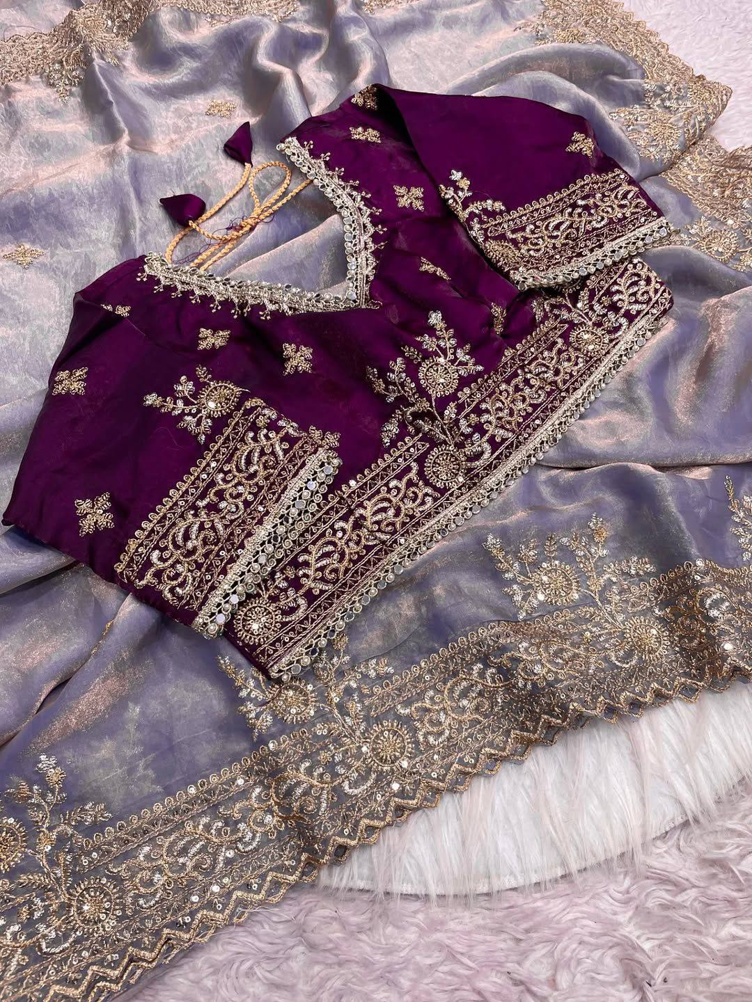 Sequins and jaro Thread Embroidery Work with Cutworl border Saree