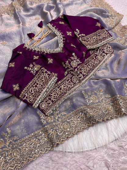 Sequins and jaro Thread Embroidery Work with Cutworl border Saree