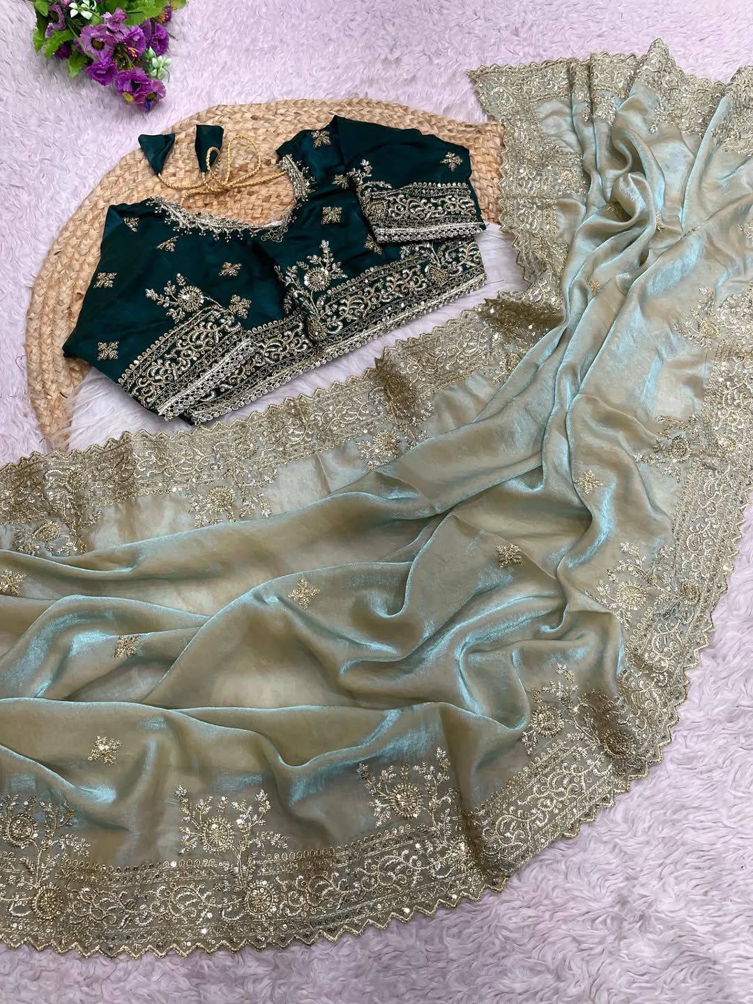 Sequins and jaro Thread Embroidery Work with Cutworl border Saree