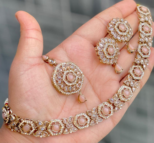 Stone Work Chokker With Beautiful Earrings And Tika