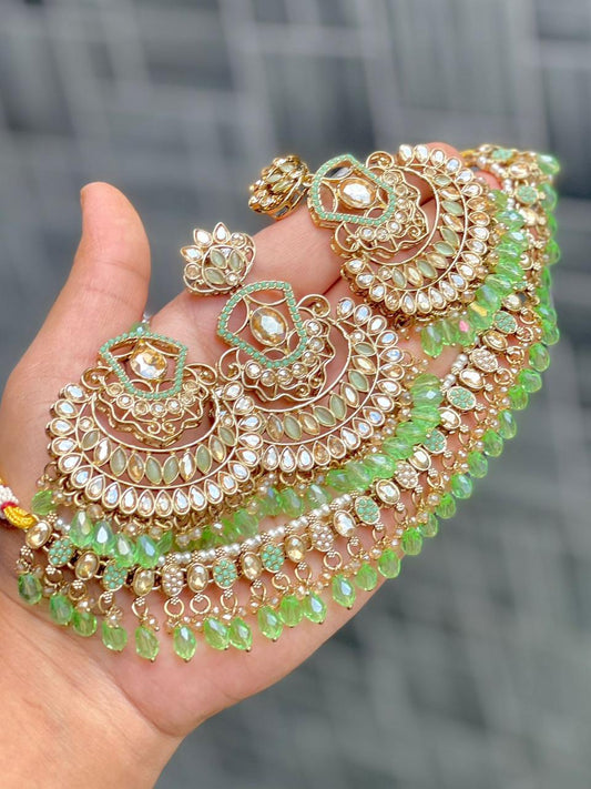 Stone Work Chokker With Beautiful Earrings And Tika