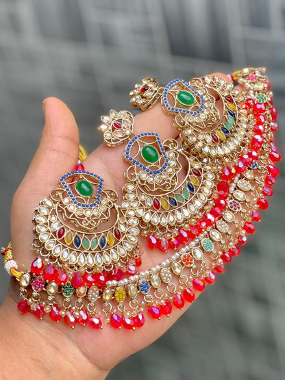 Stone Work Chokker With Beautiful Earrings And Tika