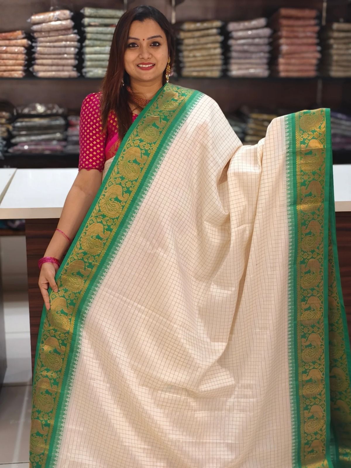 Mercerised Soft silk Saree in Exclusive border Self Checks Pattern design