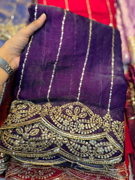 Fendy Sattin Sequence Emrodairy Work Saree With Running Blouse