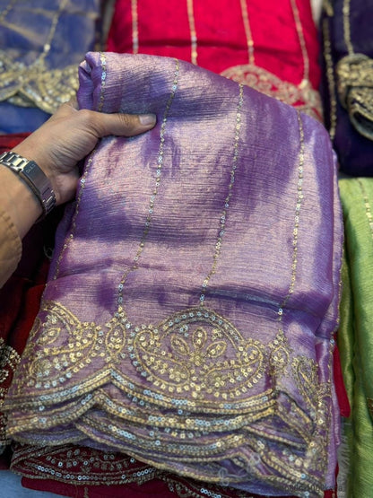 Fendy Sattin Sequence Emrodairy Work Saree With Running Blouse