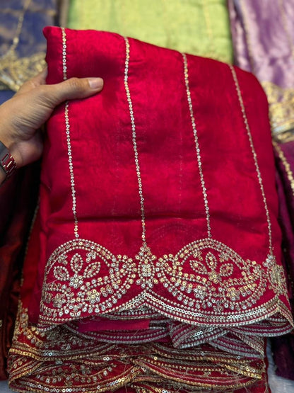 Fendy Sattin Sequence Emrodairy Work Saree With Running Blouse