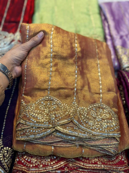 Fendy Sattin Sequence Emrodairy Work Saree With Running Blouse