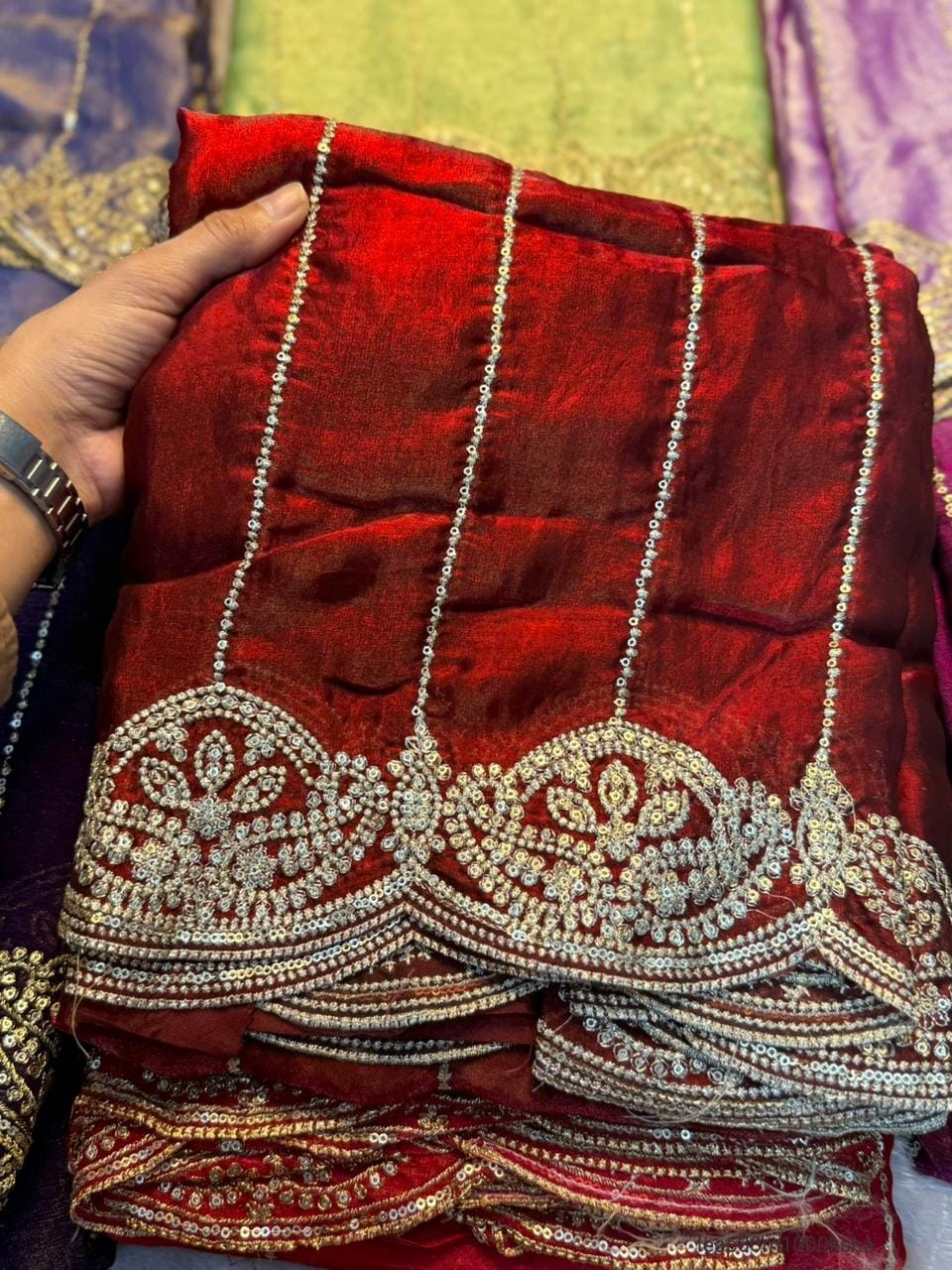 Fendy Sattin Sequence Emrodairy Work Saree With Running Blouse