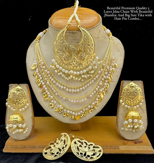 3 Layer Jdau Chain With Beautiful Jhumkie And Big Size Tika with Hair Pin Combo