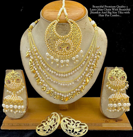 3 Layer Jdau Chain With Beautiful Jhumkie And Big Size Tika with Hair Pin Combo