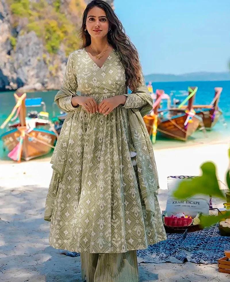 Heavy Cotton 60*60 Printed Anarkali Kurti And Full Printed Pant And Dupatta